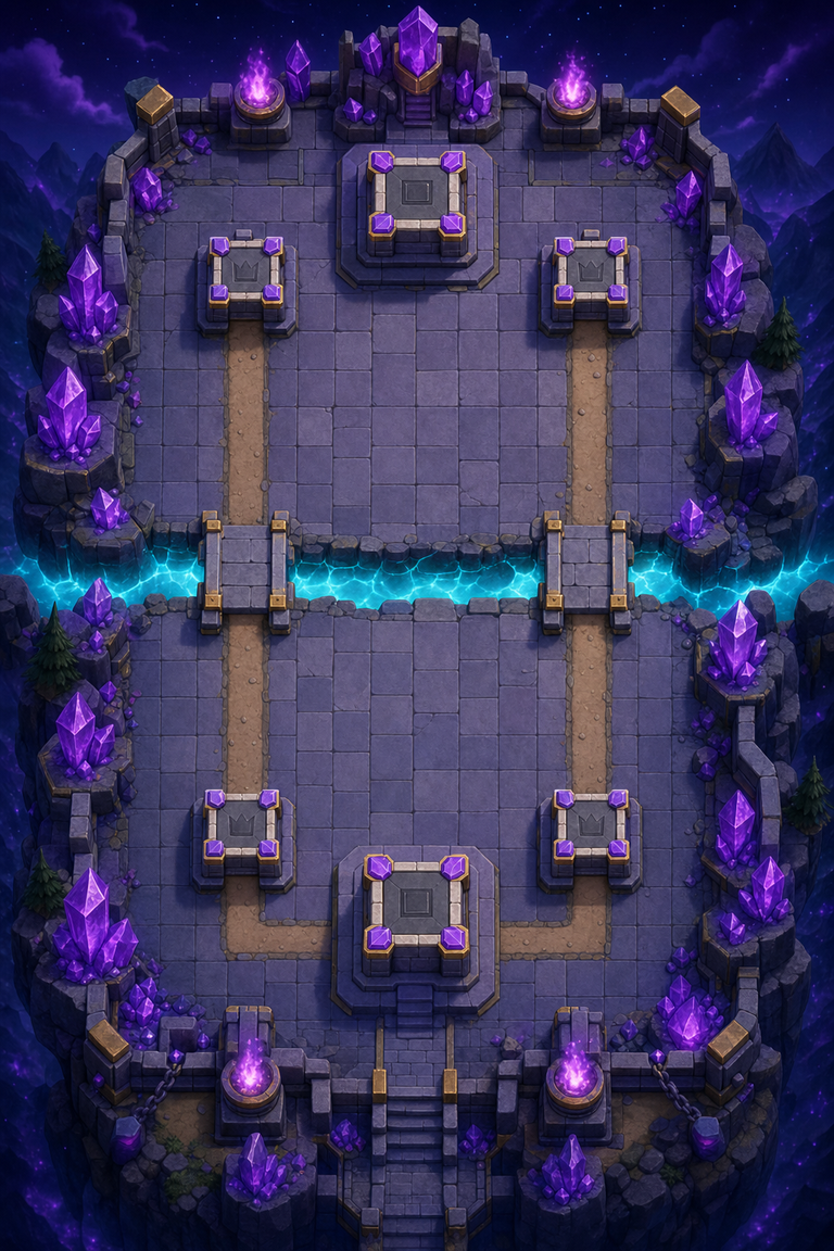 The arena seen from above: crowned towers guard each end of a stone island, split down the middle by a lightning river with two bridges.